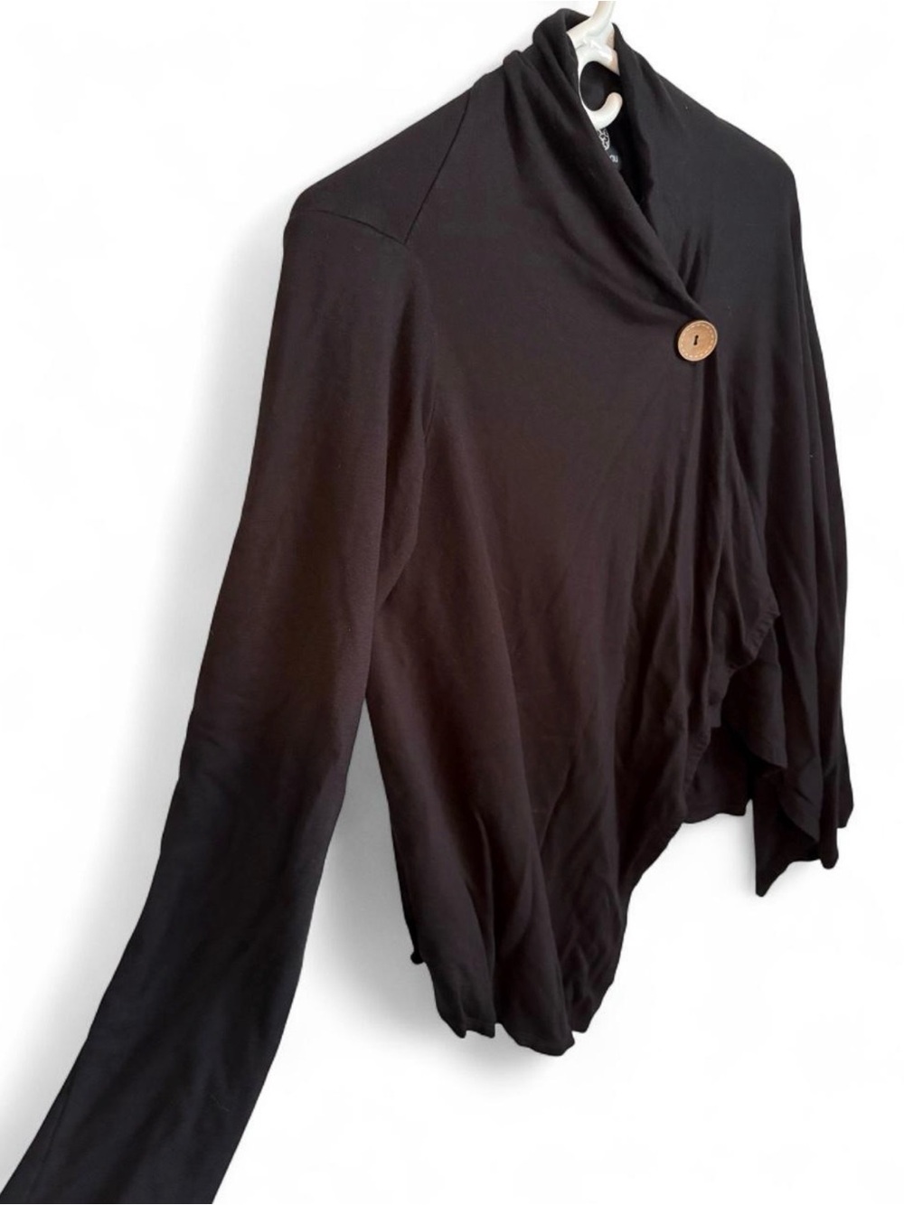 bobeau Black Asymmetrical Draped Cardigan with Wood Button - Picture 4 of 6